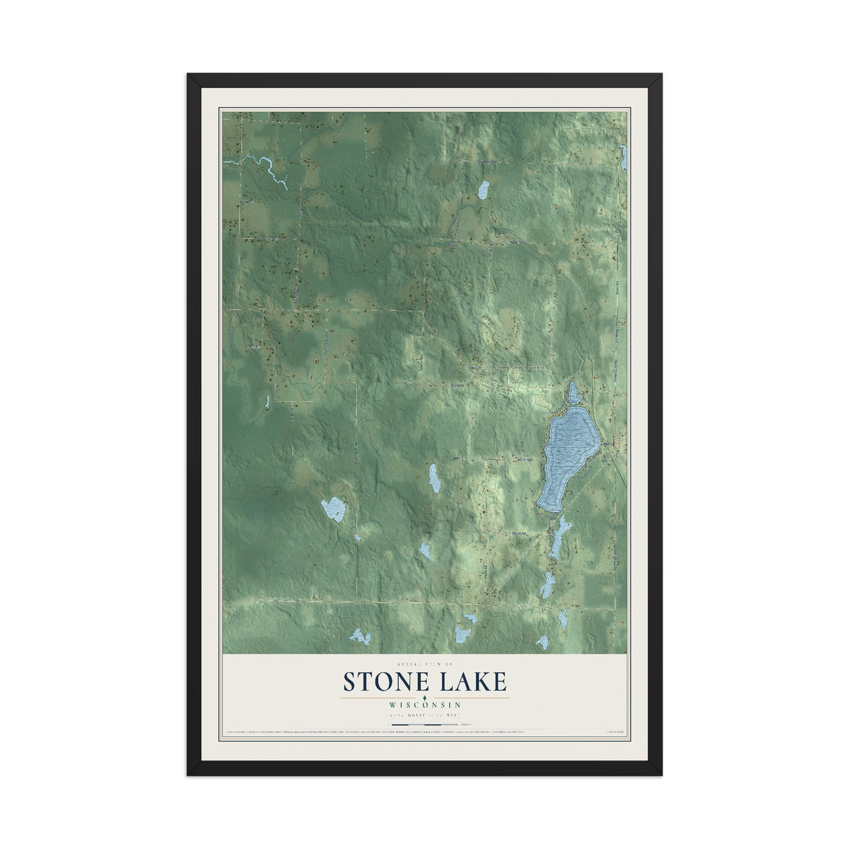 Map of Stone Lake, Wisconsin, 12 x 18 inch print in a black wood frame