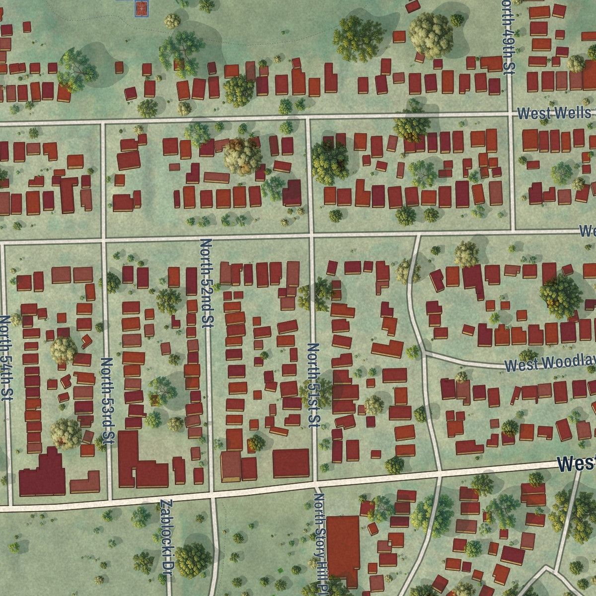 Close-up of the map of Story Hill, Wisconsin print showing street and building detail