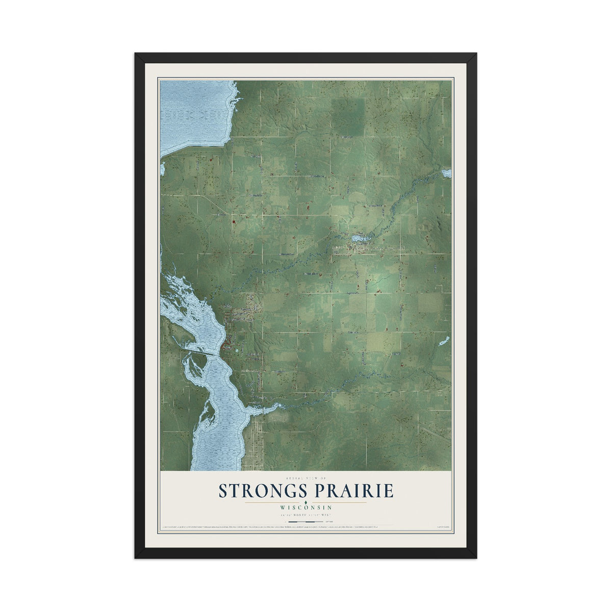 Map of Strongs Prairie, Wisconsin, 12 x 18 inch print in a black wood frame
