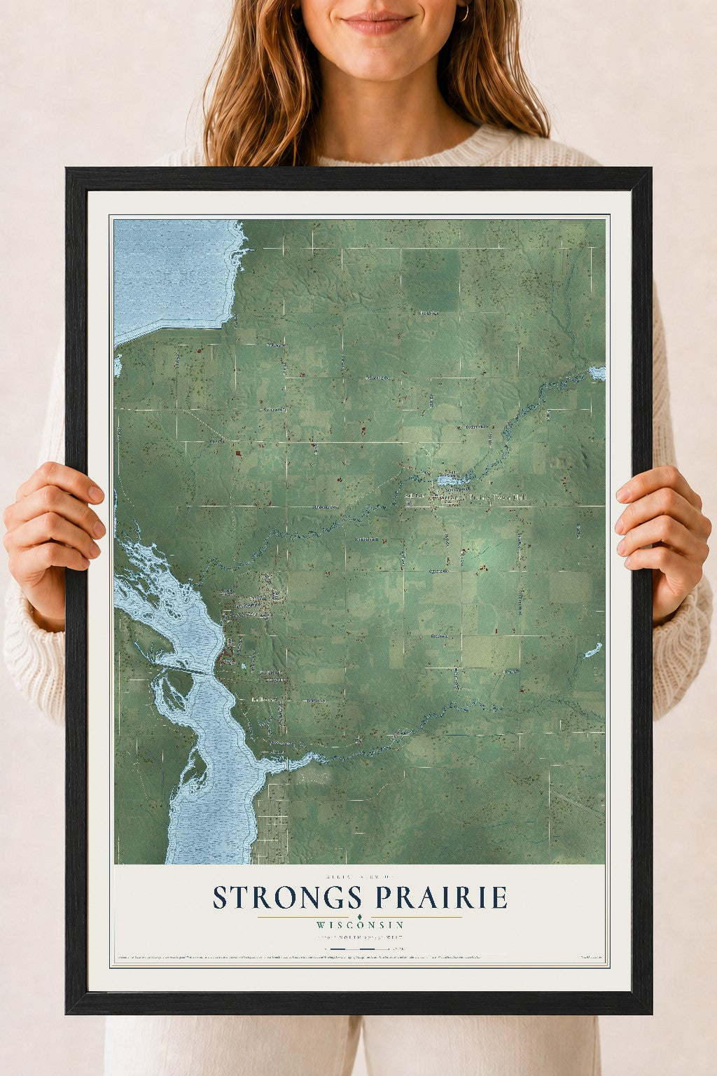 Map of Strongs Prairie, Wisconsin, 18 x 24 inch print in a black wood frame