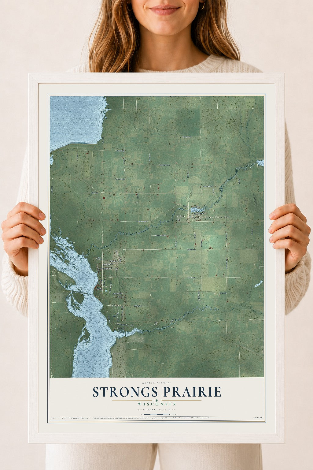 Map of Strongs Prairie, Wisconsin, 18 x 24 inch print in a white wood frame