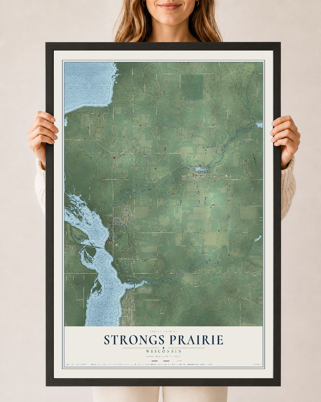 Map of Strongs Prairie, Wisconsin, 24 x 36 inch print in a black wood frame
