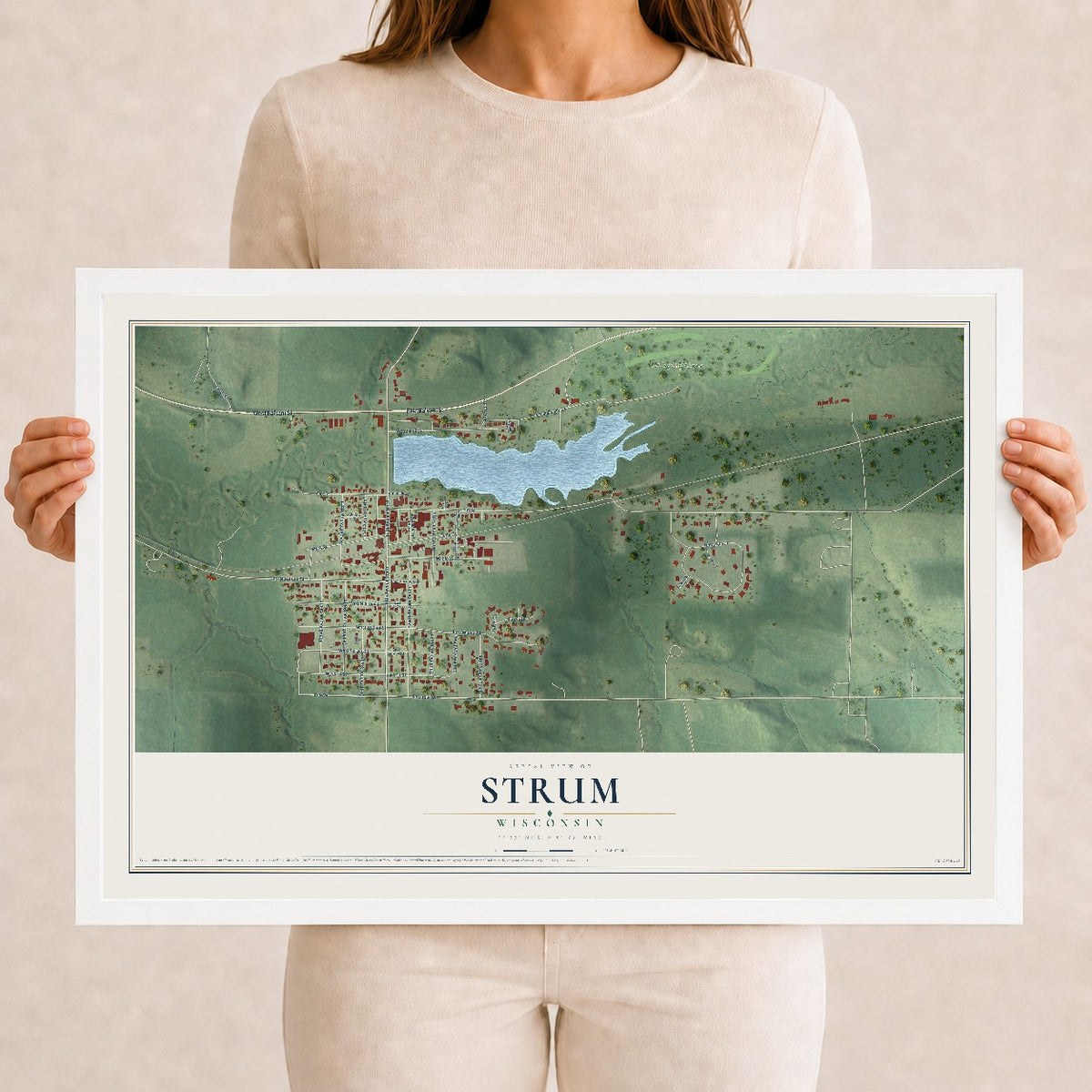 Map of Strum, Wisconsin, 12 x 18 inch print in a white wood frame