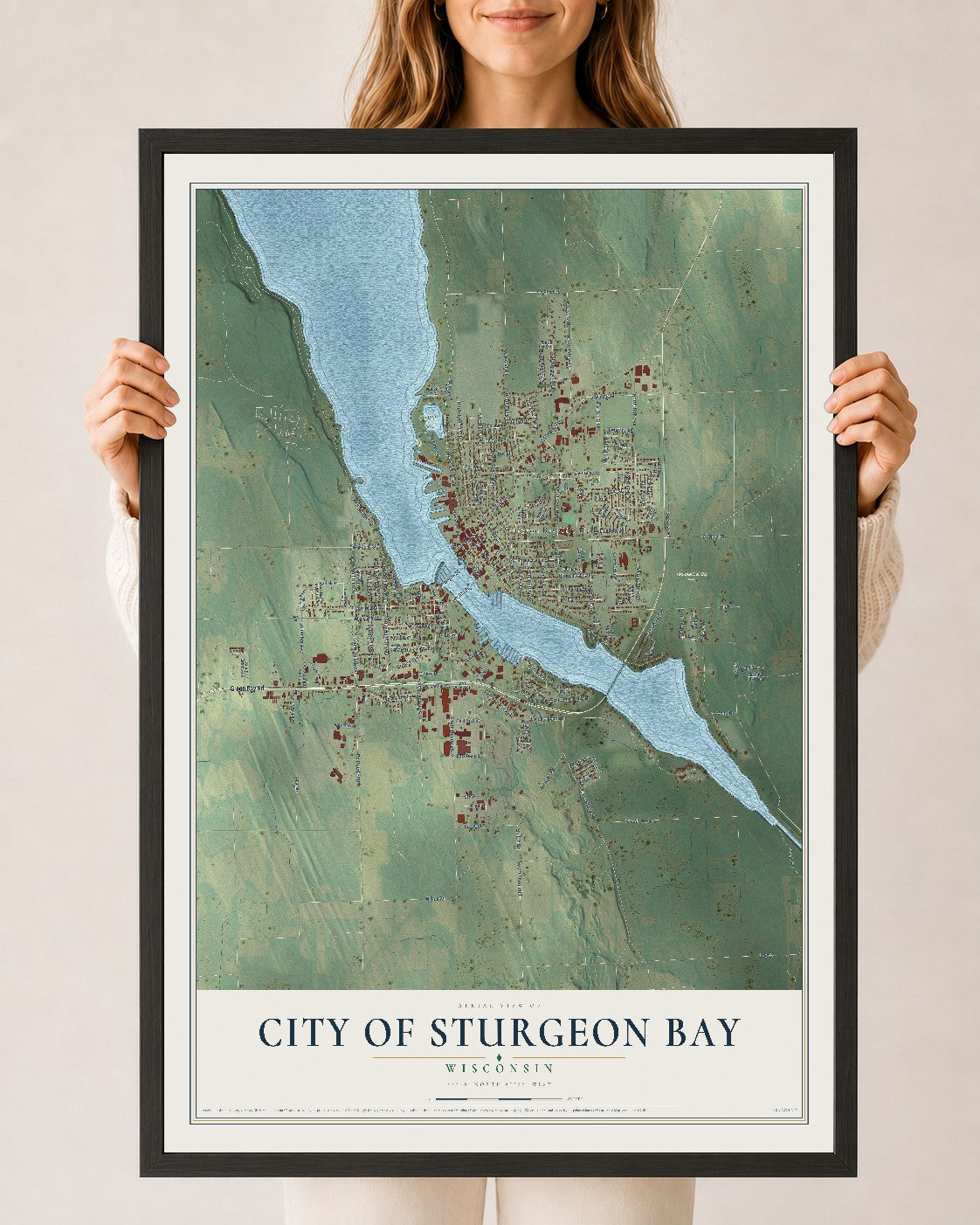 Map of Sturgeon Bay, Wisconsin, 24 x 36 inch print in a black wood frame