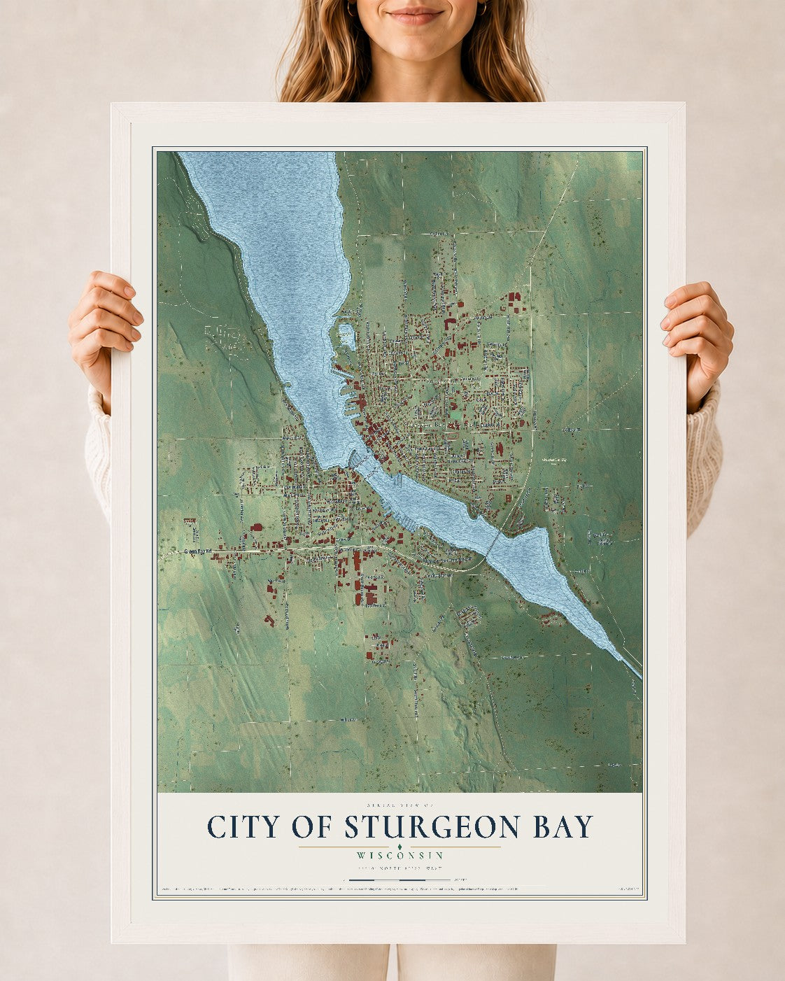 Map of Sturgeon Bay, Wisconsin, 24 x 36 inch print in a white wood frame