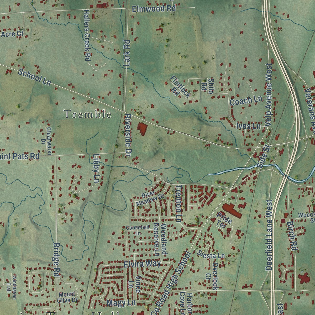 Close-up of the map of Suamico, Wisconsin print showing street and building detail