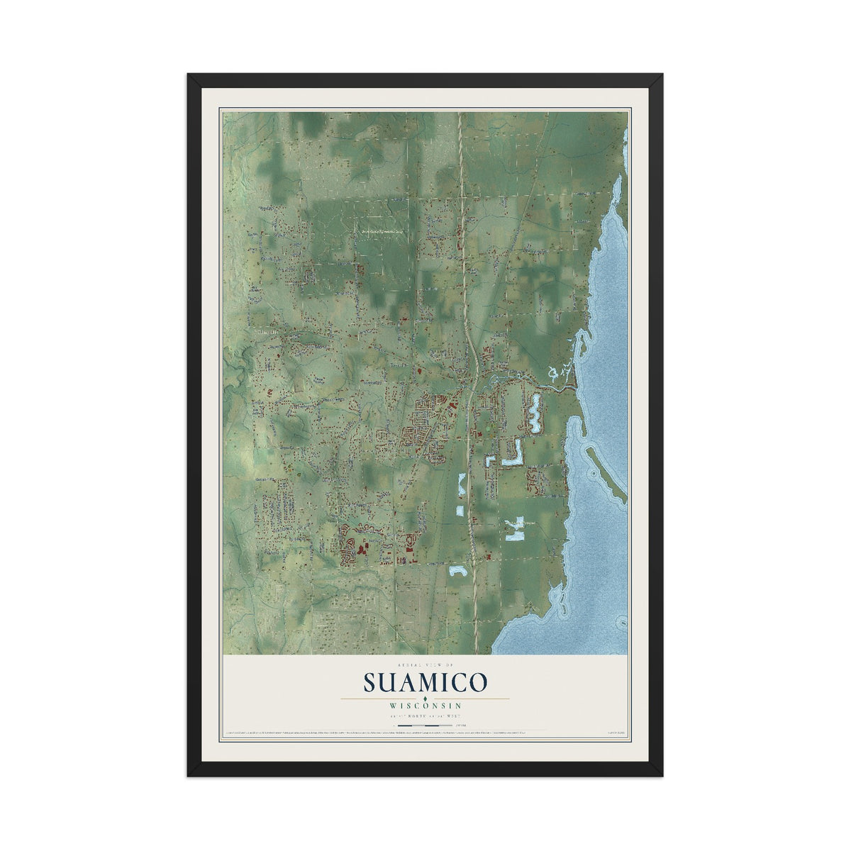 Map of Suamico, Wisconsin, 12 x 18 inch print in a black wood frame