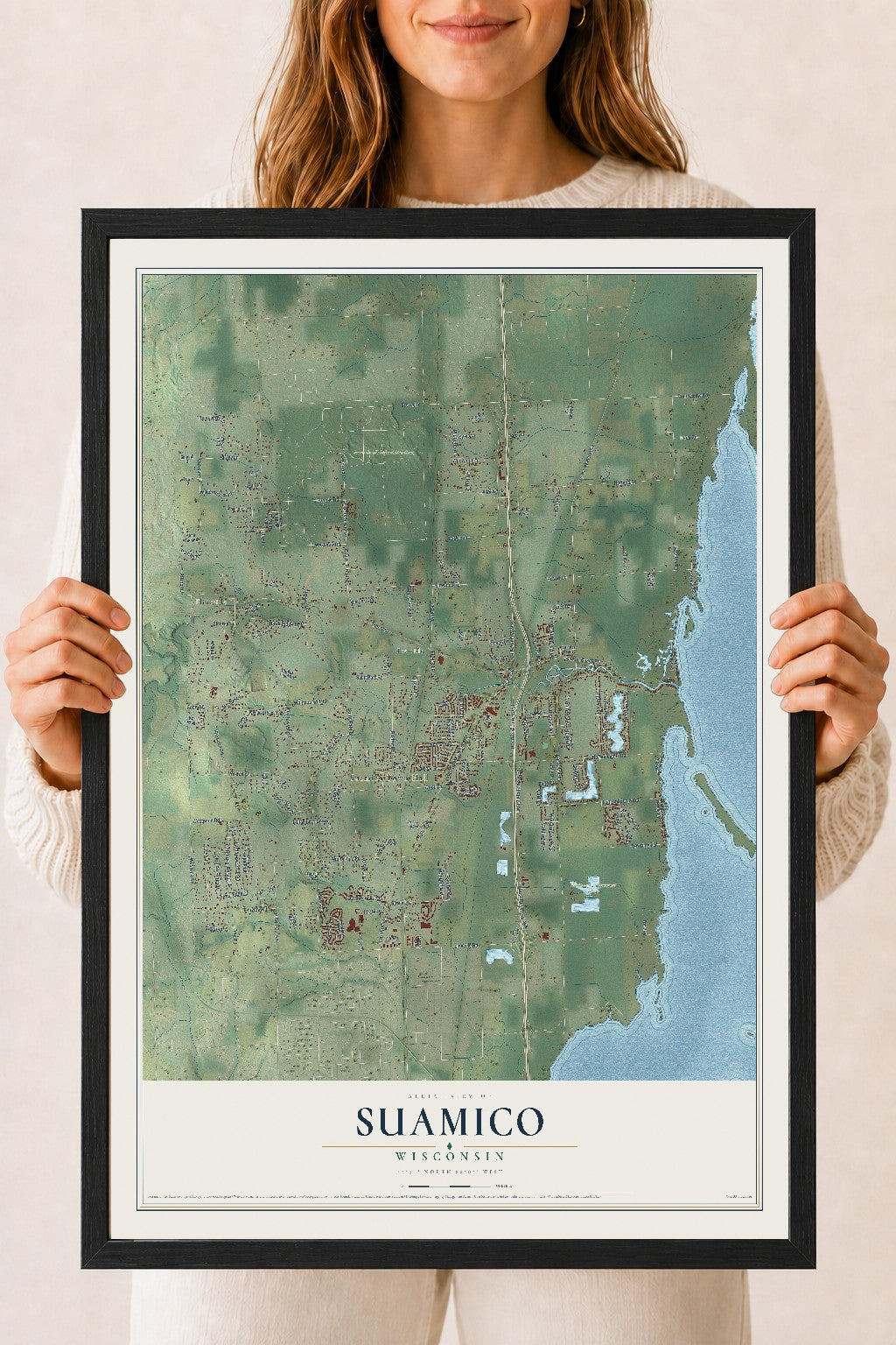 Map of Suamico, Wisconsin, 18 x 24 inch print in a black wood frame