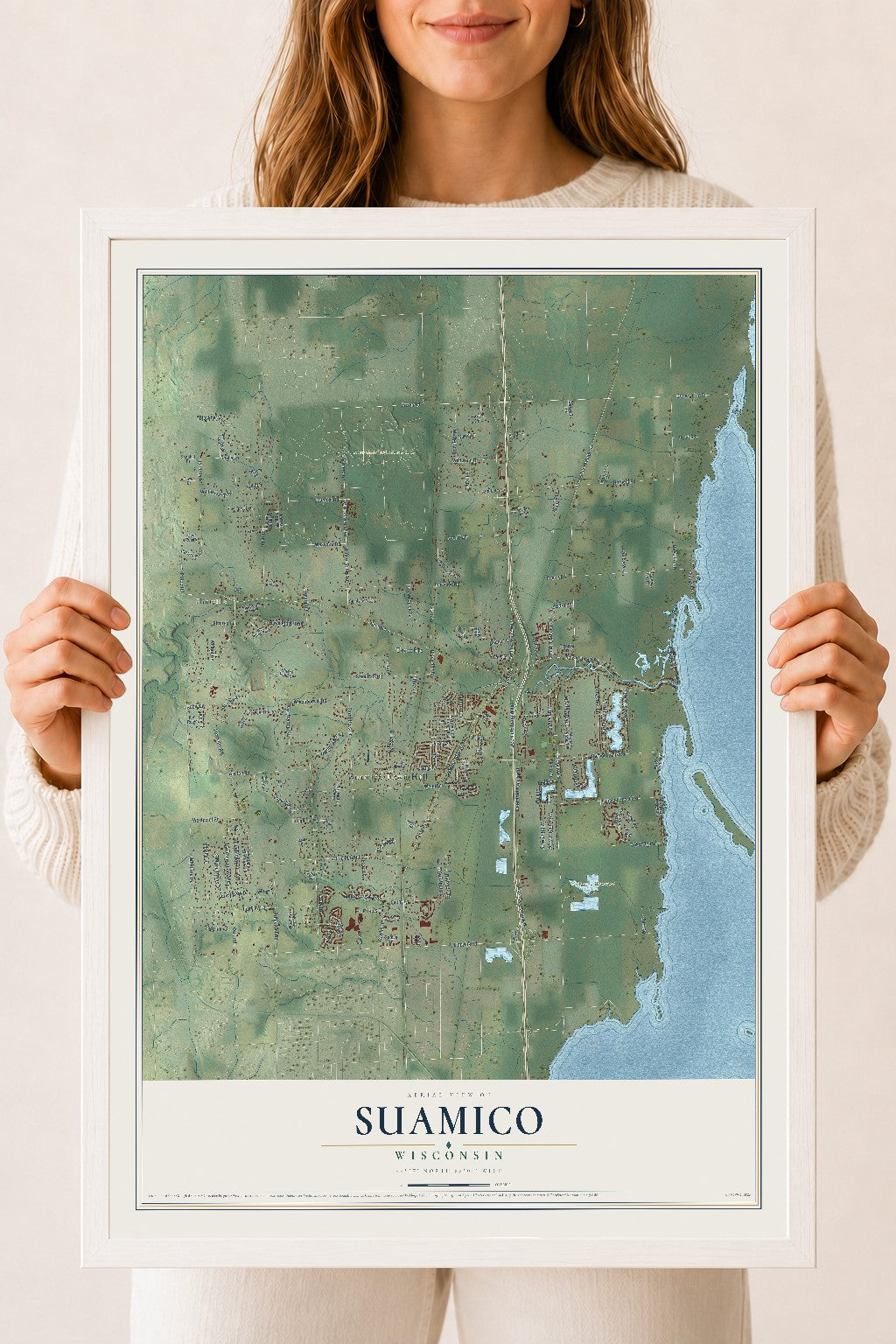 Map of Suamico, Wisconsin, 18 x 24 inch print in a white wood frame