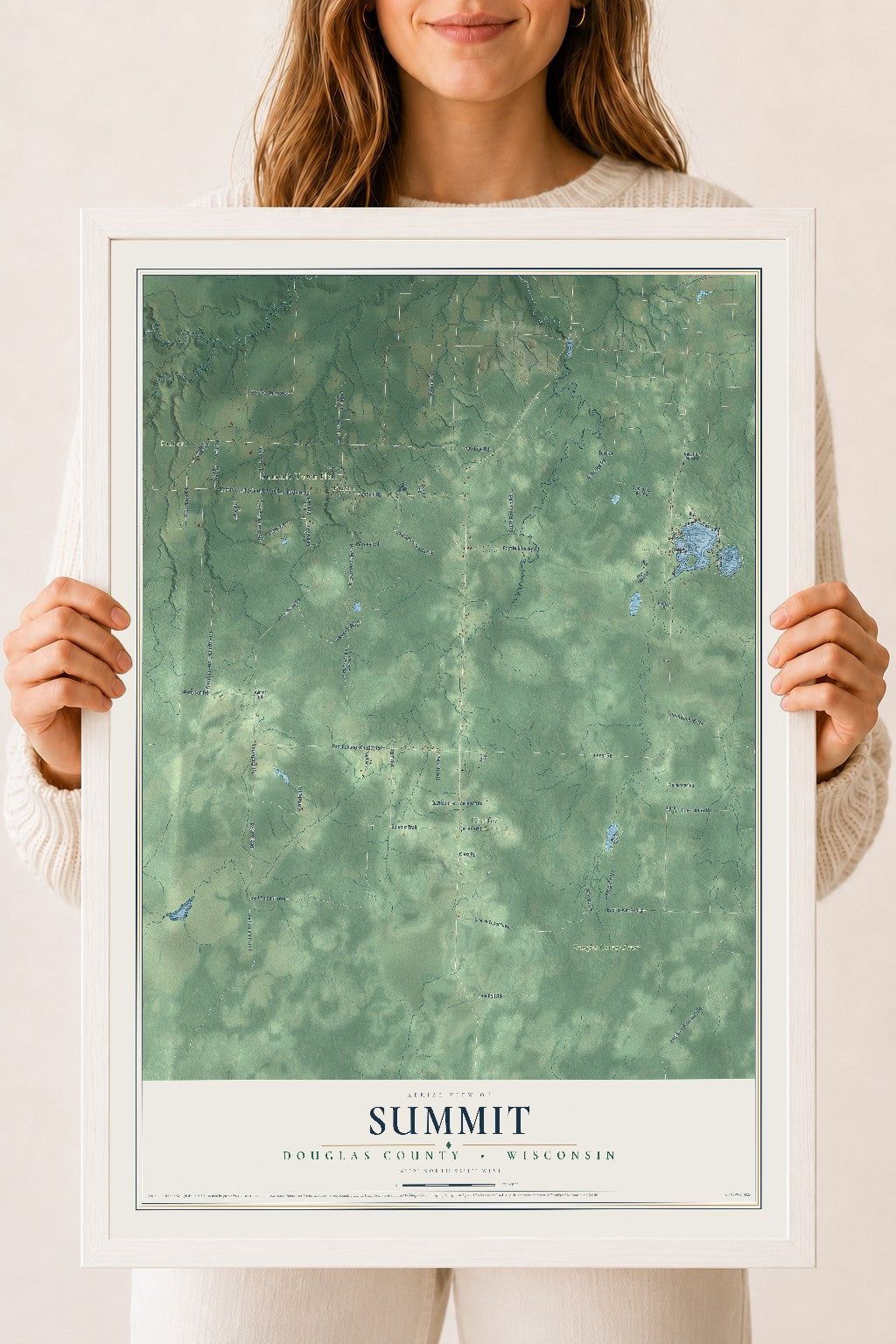 Map of Summit, Douglas County, Wisconsin, 18 x 24 inch print in a white wood frame