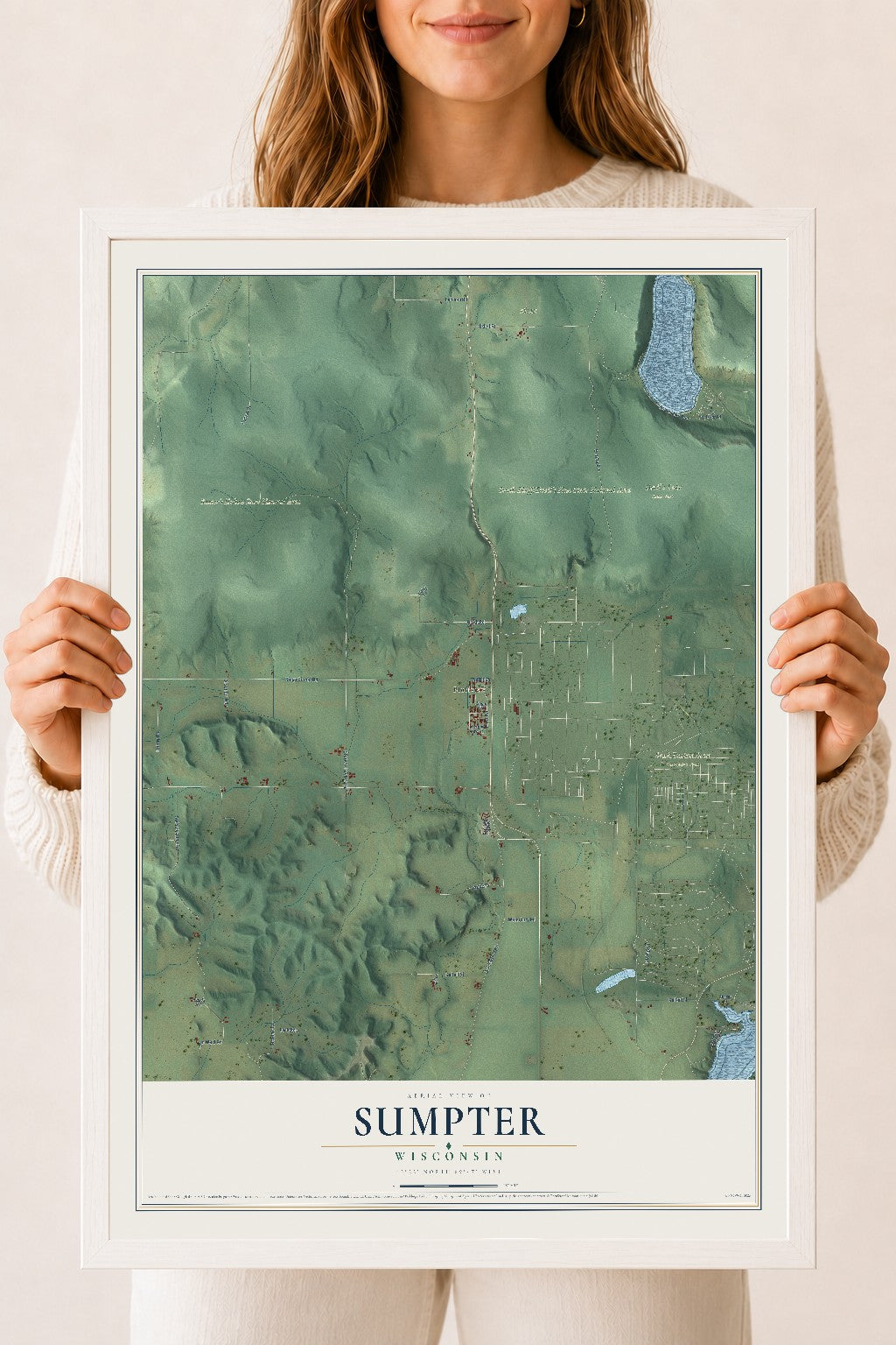 Map of Sumpter, Wisconsin, 18 x 24 inch print in a white wood frame