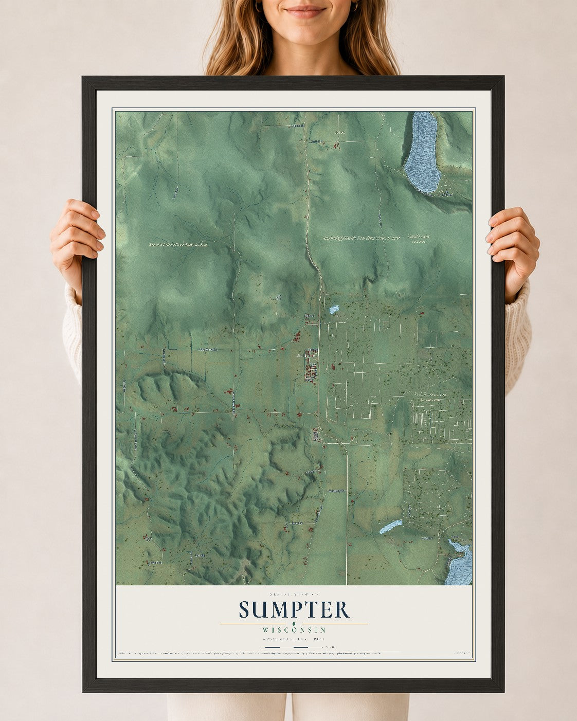 Map of Sumpter, Wisconsin, 24 x 36 inch print in a black wood frame
