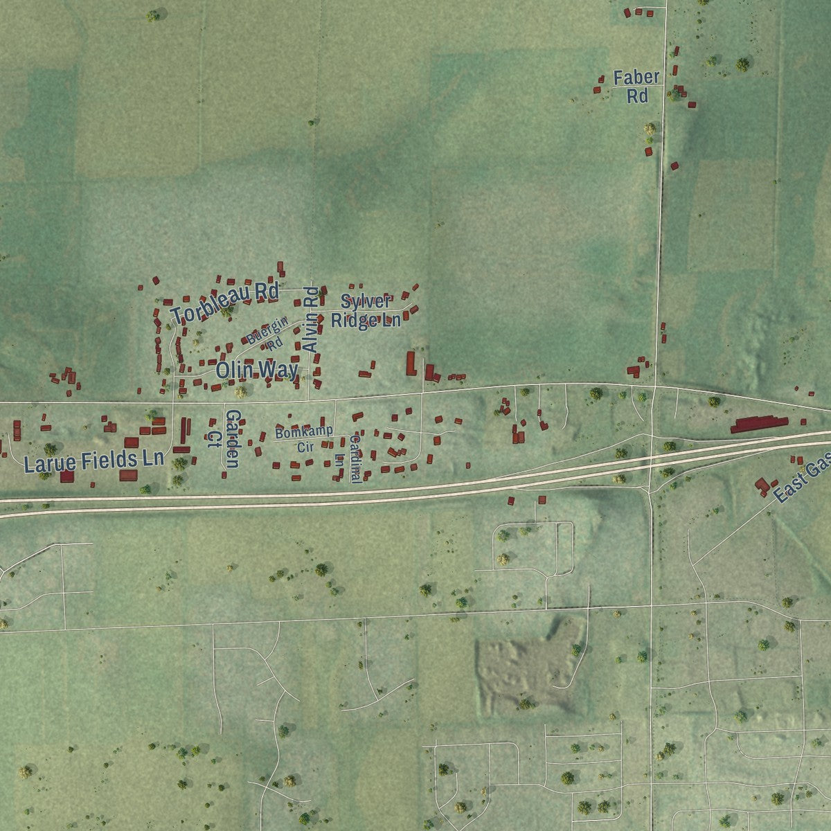 Second close-up of the map of the Town of Sun Prairie, Wisconsin print showing more streets and buildings