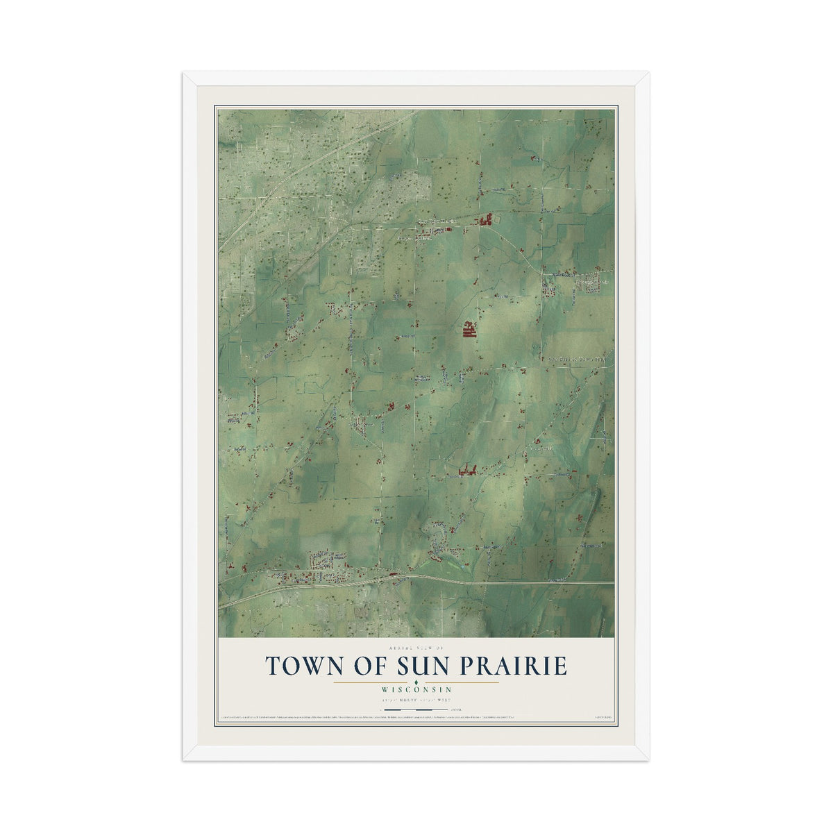 Map of the Town of Sun Prairie, Wisconsin, 12 x 18 inch print in a white wood frame