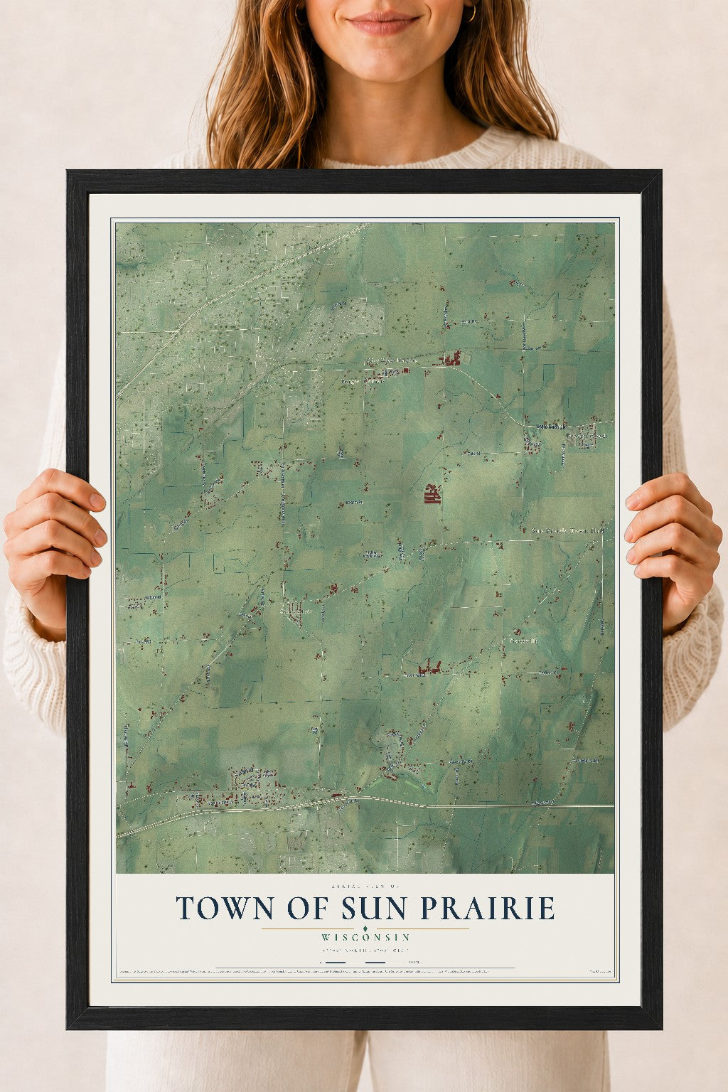 Map of the Town of Sun Prairie, Wisconsin, 18 x 24 inch print in a black wood frame