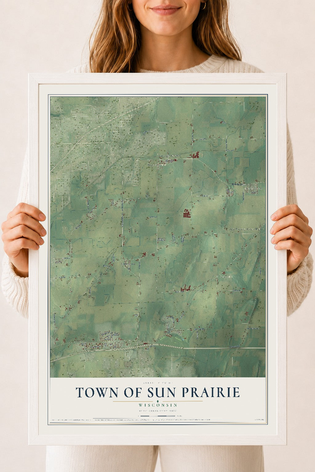 Map of the Town of Sun Prairie, Wisconsin, 18 x 24 inch print in a white wood frame