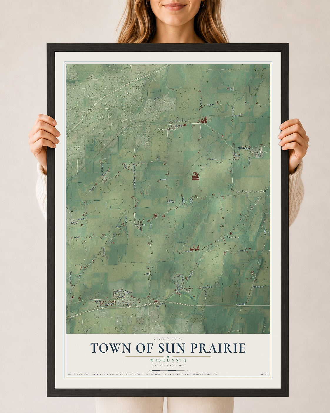 Map of the Town of Sun Prairie, Wisconsin, 24 x 36 inch print in a black wood frame