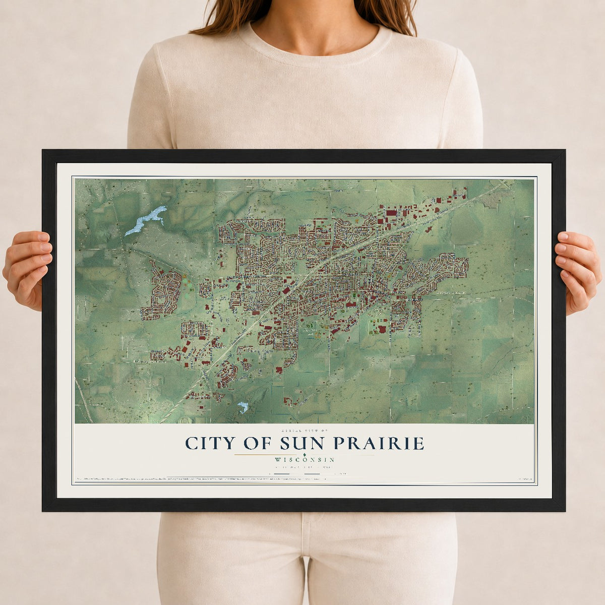 Map of Sun Prairie, Wisconsin, 12 x 18 inch print in a black wood frame