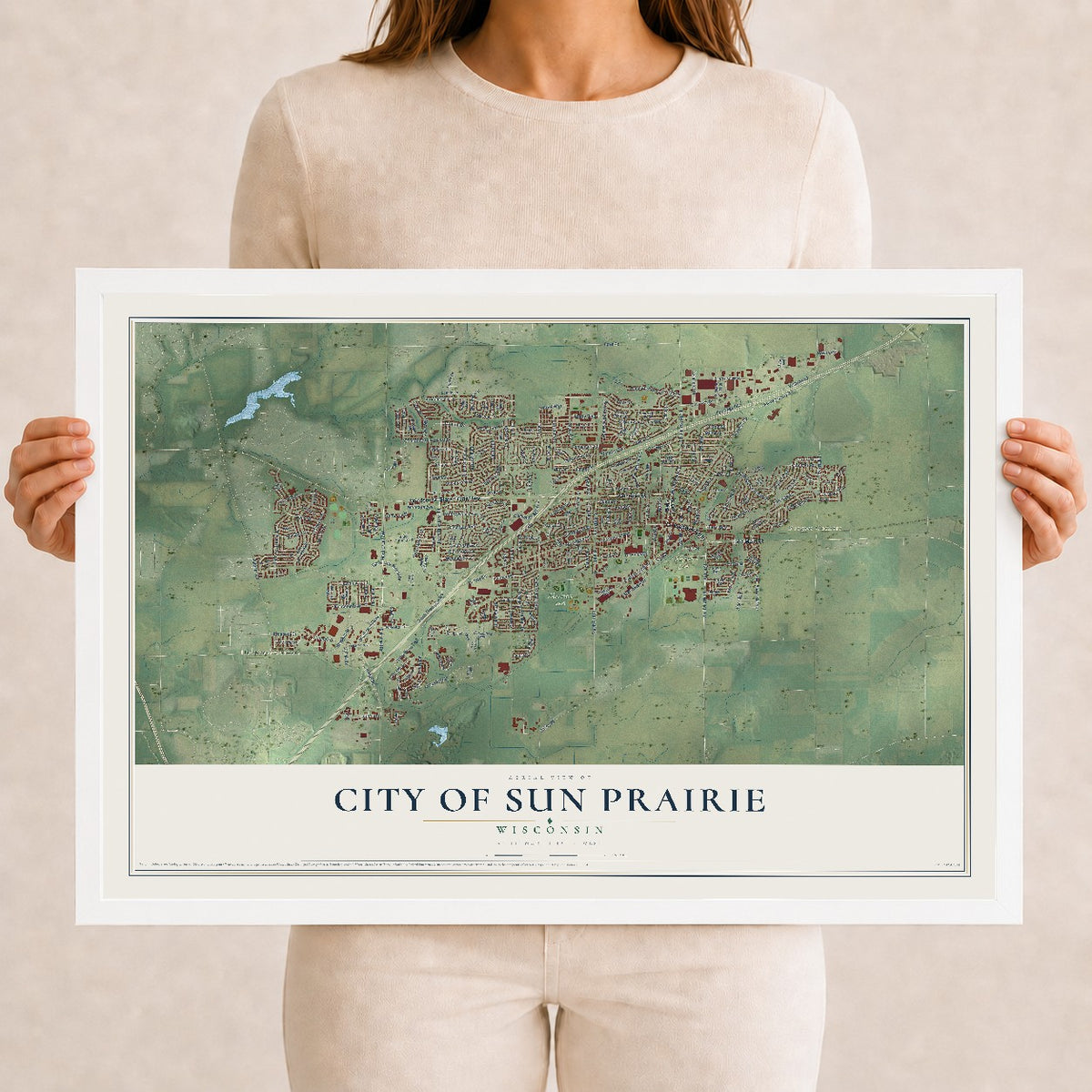 Map of Sun Prairie, Wisconsin, 12 x 18 inch print in a white wood frame
