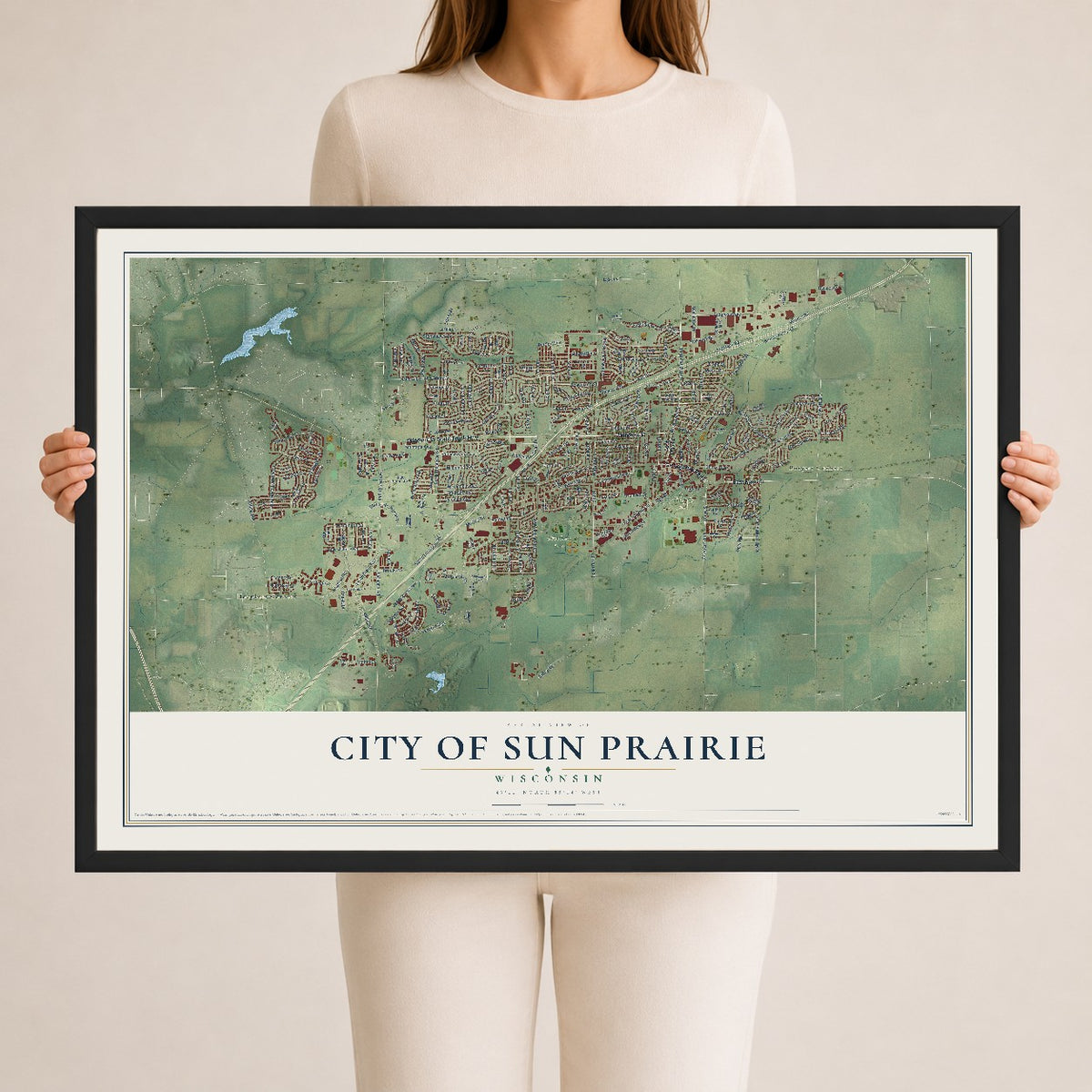 Map of Sun Prairie, Wisconsin, 24 x 36 inch print in a black wood frame