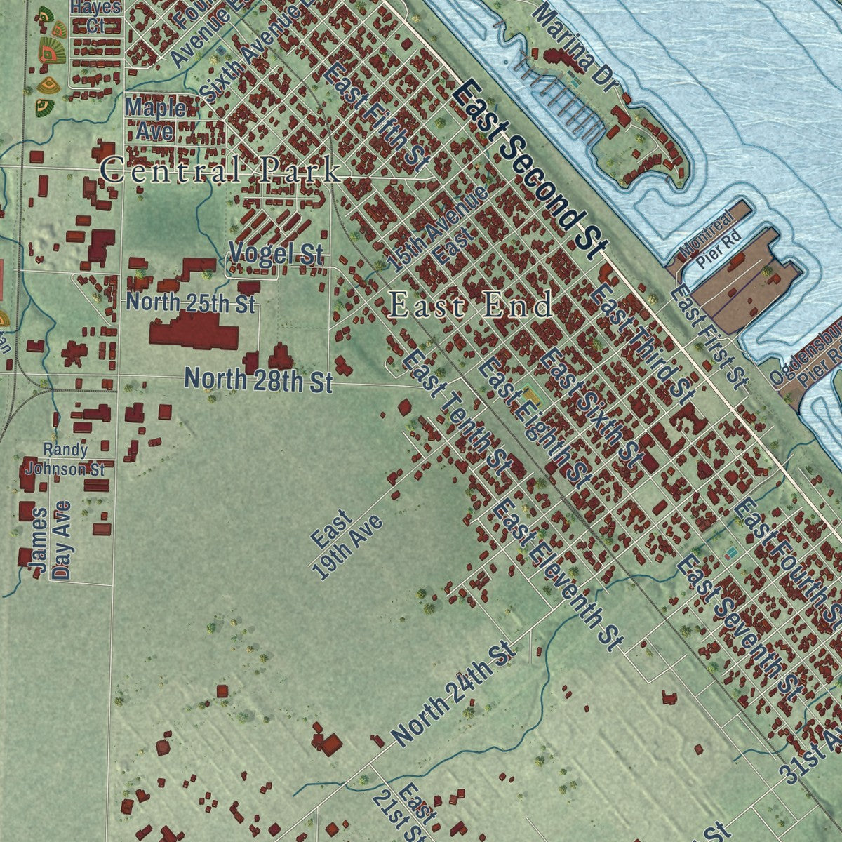 Second close-up of the map of Superior, Wisconsin print showing more streets and buildings