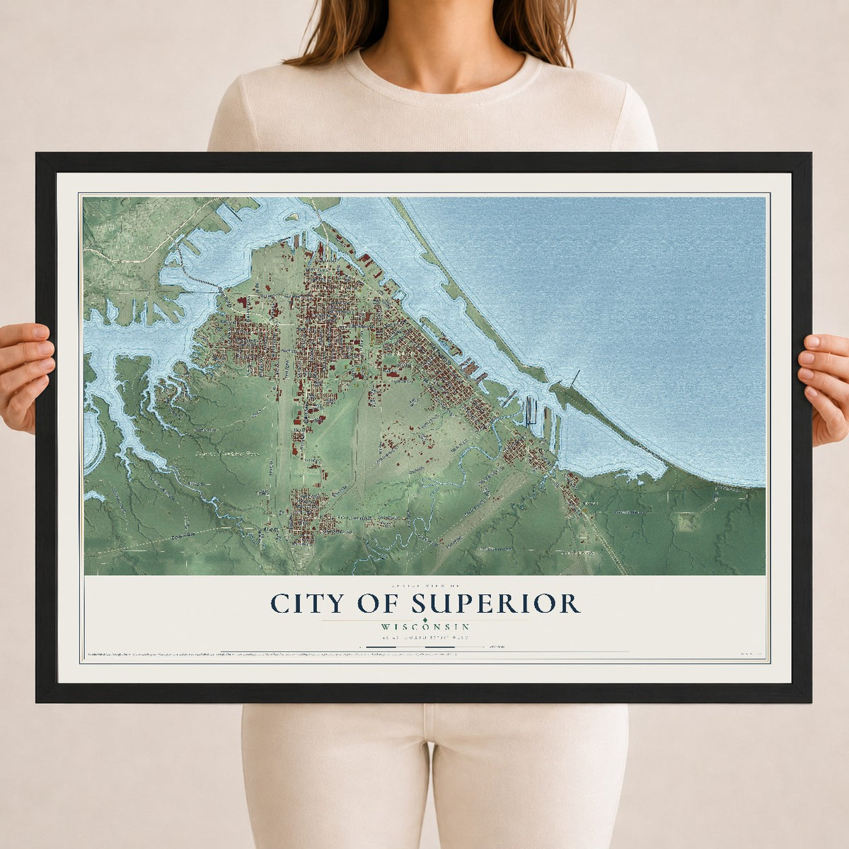 Map of Superior, Wisconsin, 18 x 24 inch print in a black wood frame