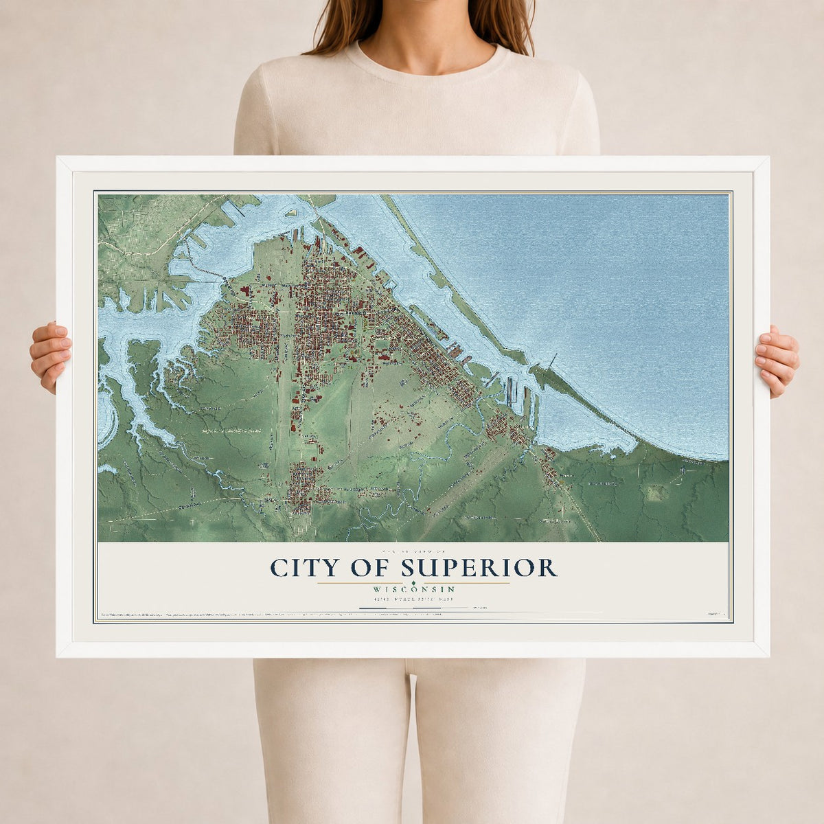 Map of Superior, Wisconsin, 24 x 36 inch print in a white wood frame