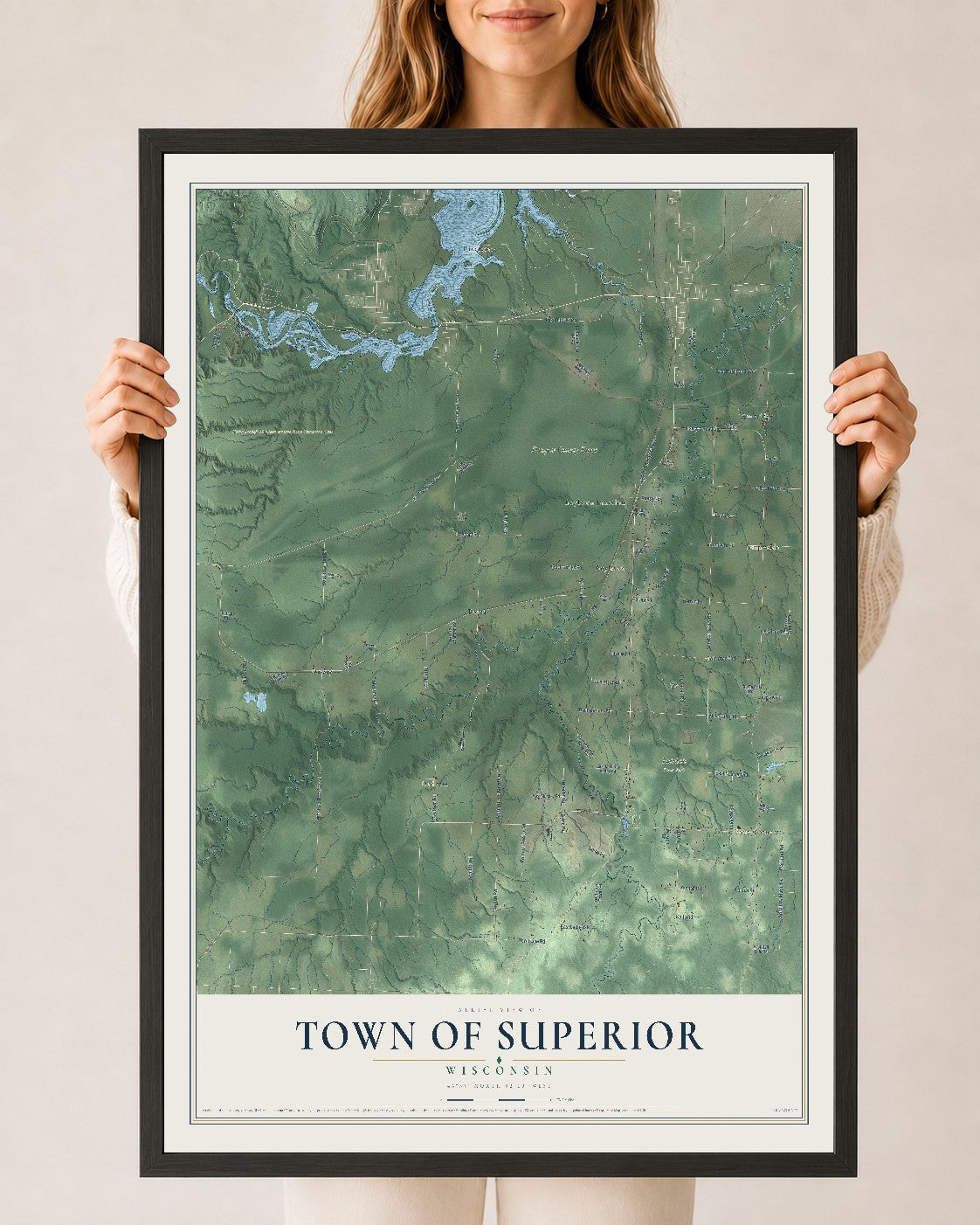 Map of the Town of Superior, Wisconsin, 24 x 36 inch print in a black wood frame