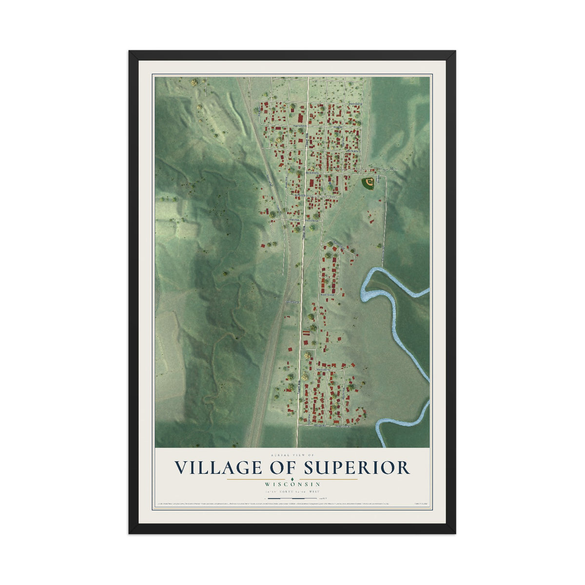 Map of the Village of Superior, Wisconsin, 12 x 18 inch print in a black wood frame
