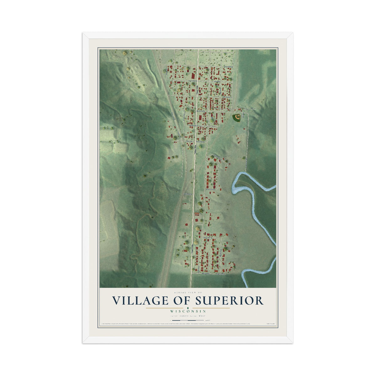 Map of the Village of Superior, Wisconsin, 12 x 18 inch print in a white wood frame