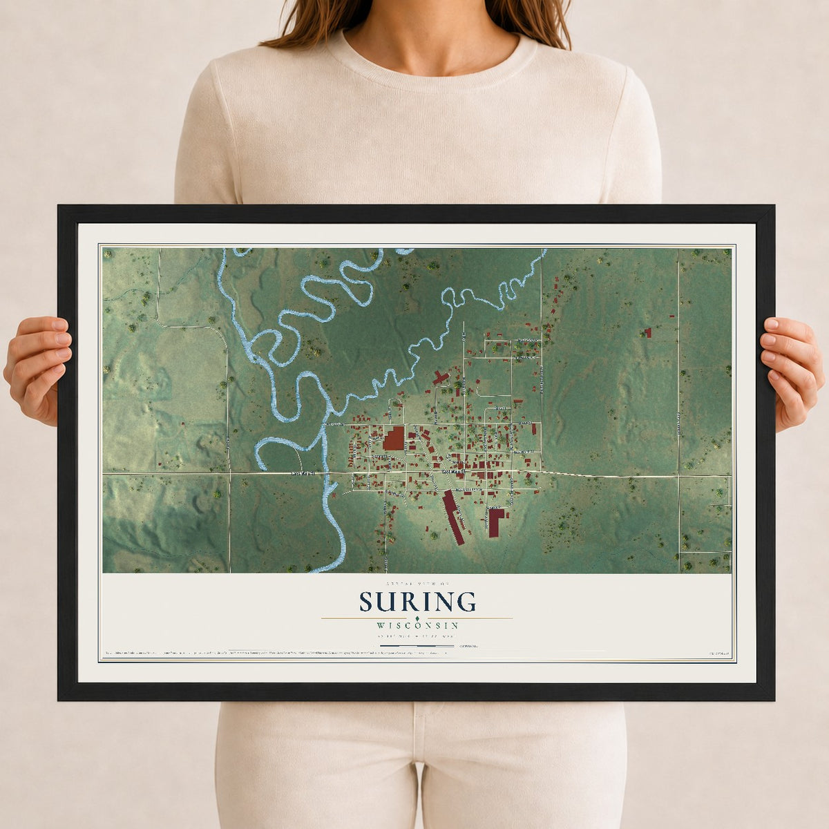 Map of Suring, Wisconsin, 12 x 18 inch print in a black wood frame