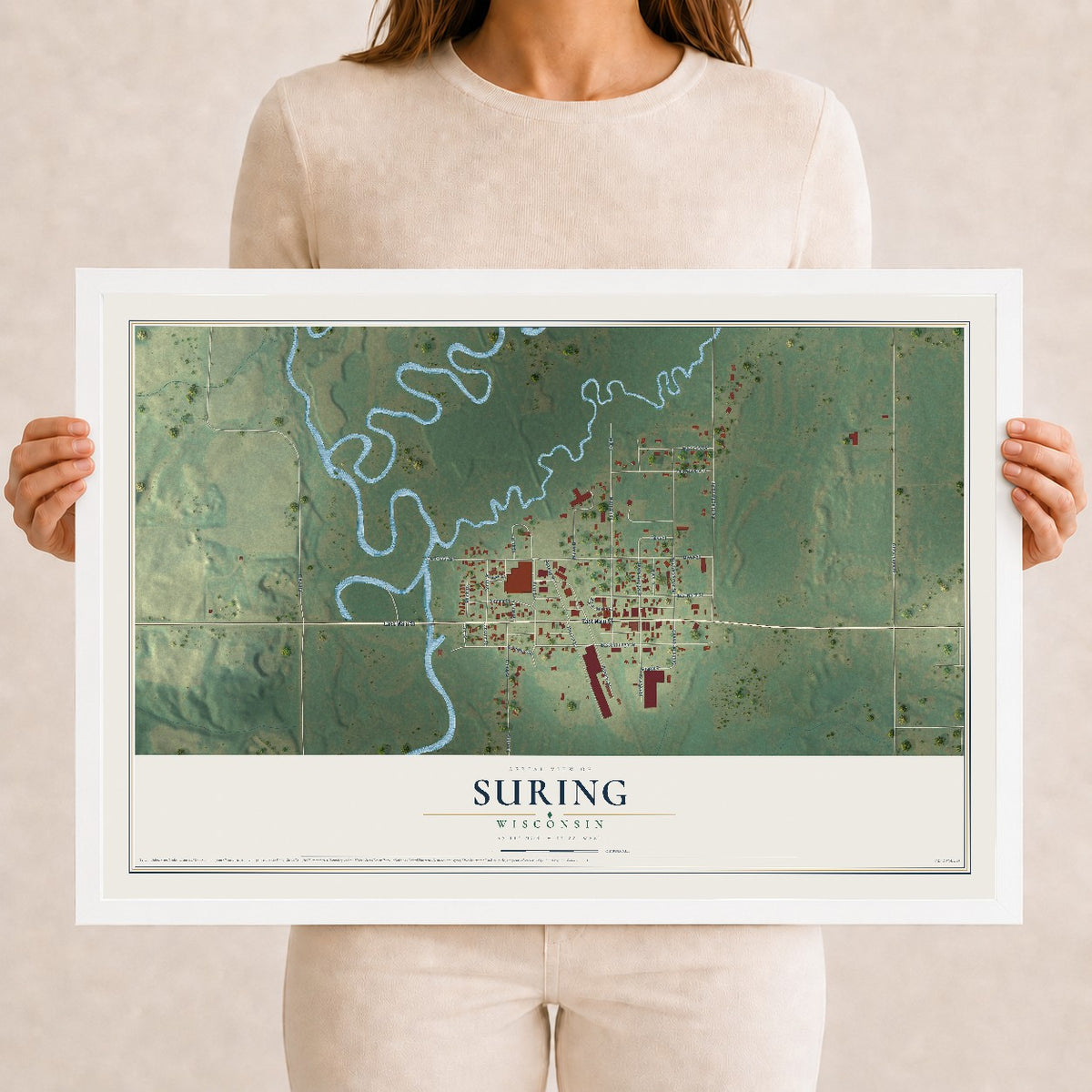 Map of Suring, Wisconsin, 12 x 18 inch print in a white wood frame