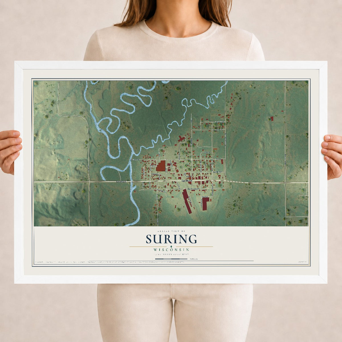Map of Suring, Wisconsin, 18 x 24 inch print in a white wood frame