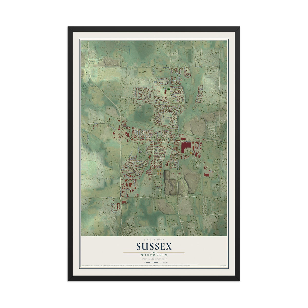 Map of Sussex, Wisconsin, 12 x 18 inch print in a black wood frame