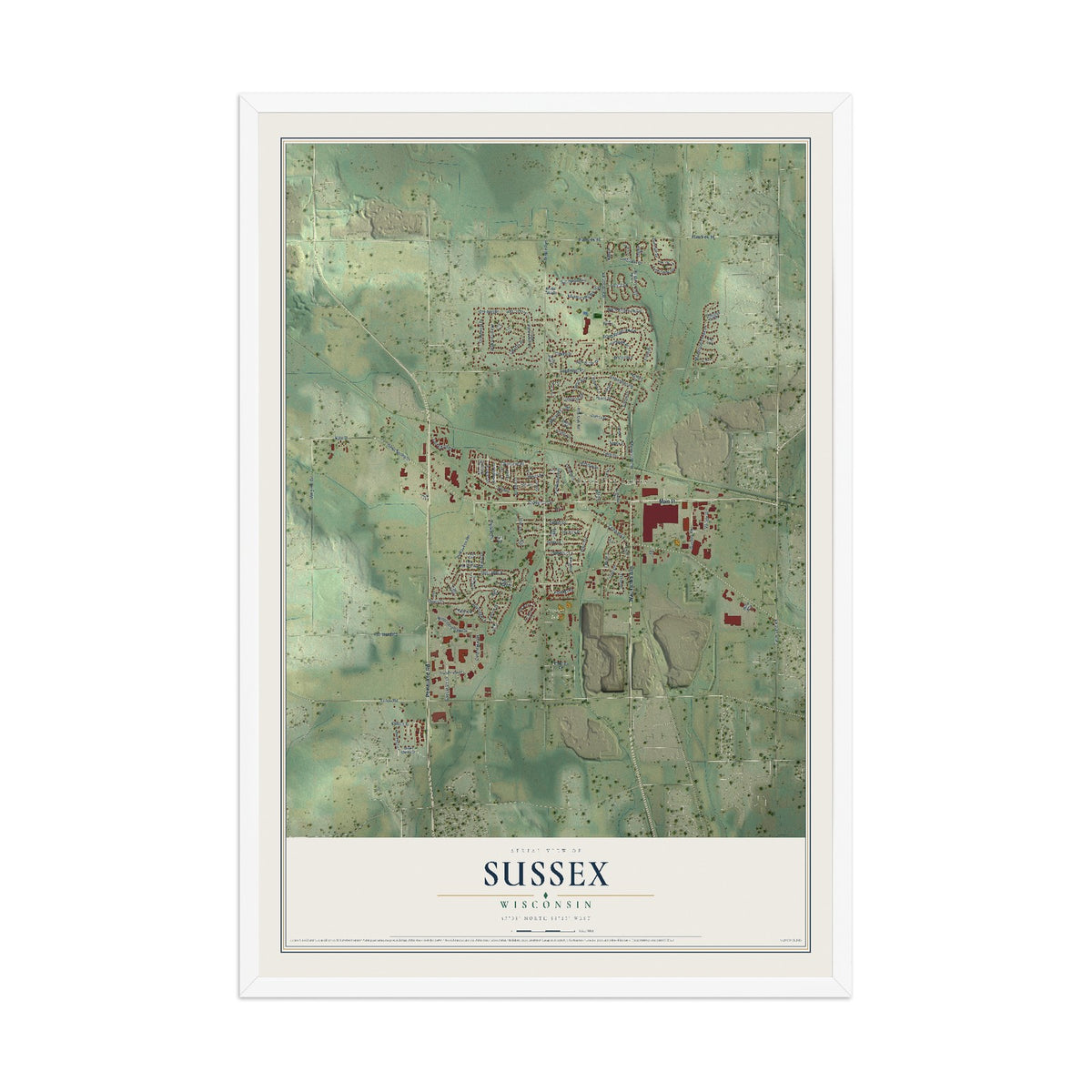 Map of Sussex, Wisconsin, 12 x 18 inch print in a white wood frame
