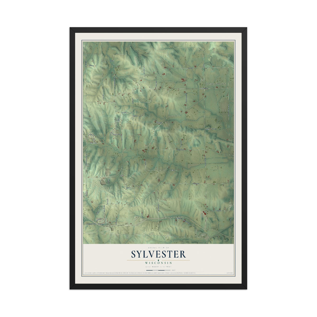 Map of Sylvester, Wisconsin, 12 x 18 inch print in a black wood frame