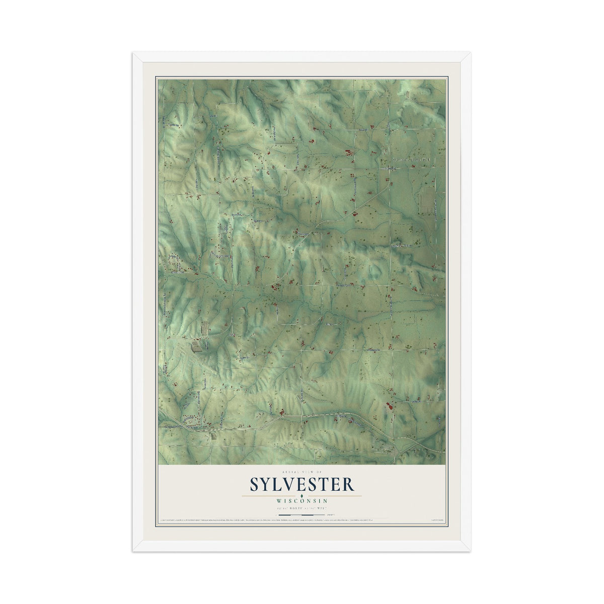 Map of Sylvester, Wisconsin, 12 x 18 inch print in a white wood frame