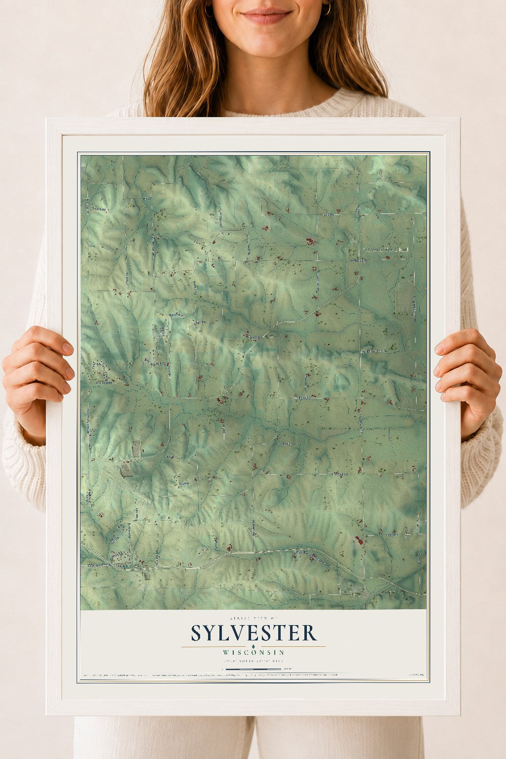 Map of Sylvester, Wisconsin, 18 x 24 inch print in a white wood frame