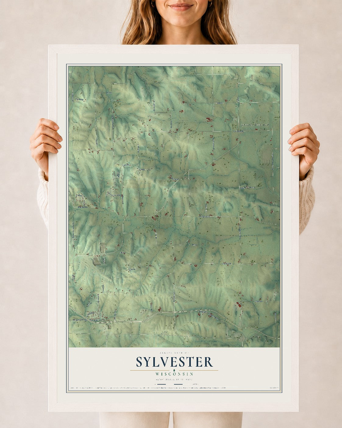 Map of Sylvester, Wisconsin, 24 x 36 inch print in a white wood frame