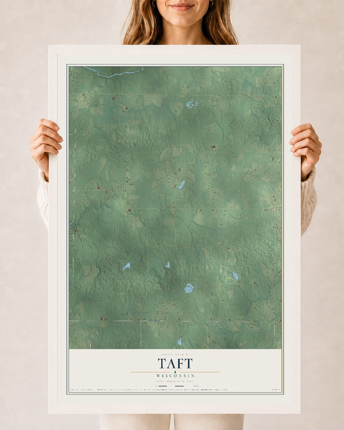 Map of Taft, Wisconsin, 24 x 36 inch print in a white wood frame