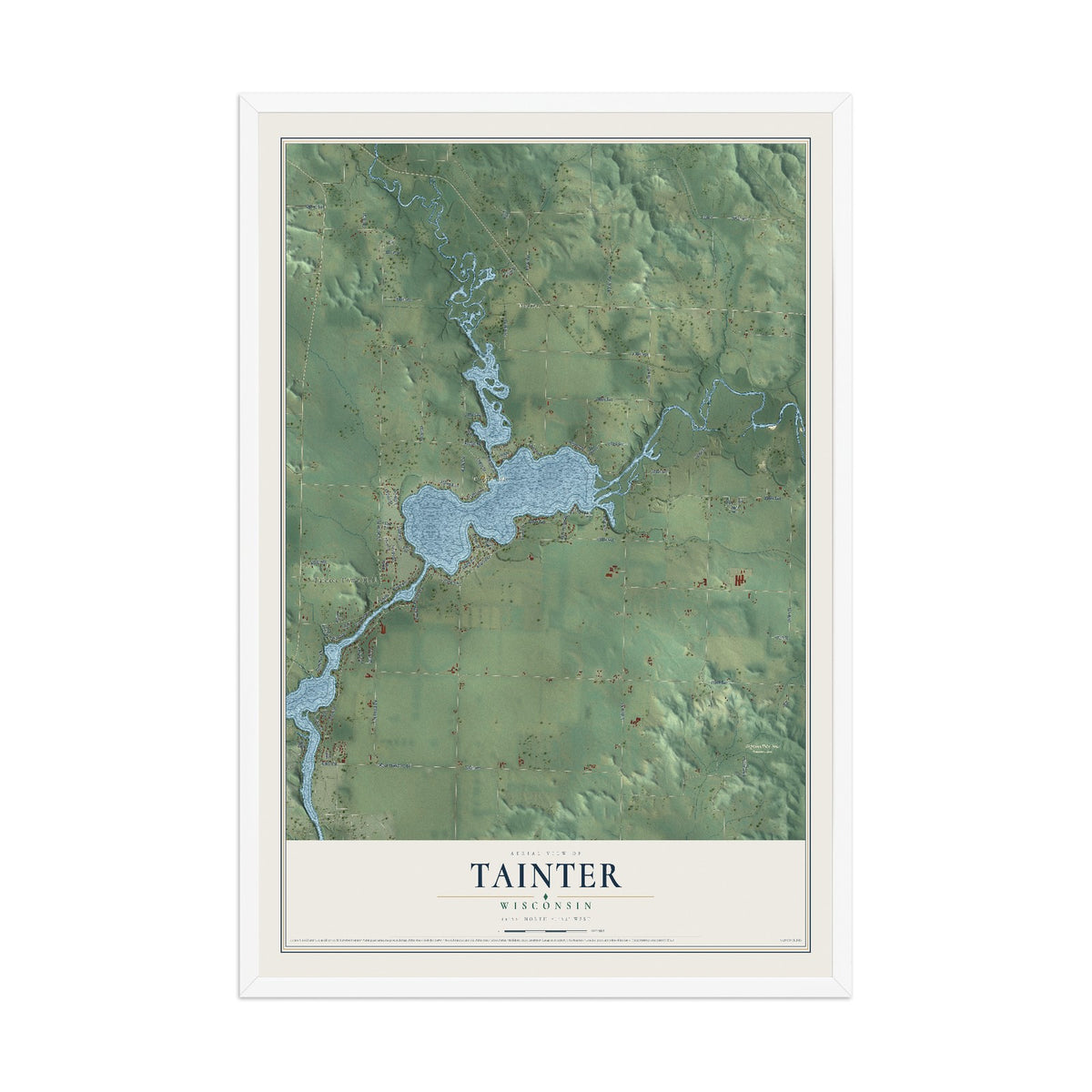 Map of Tainter, Wisconsin, 12 x 18 inch print in a white wood frame
