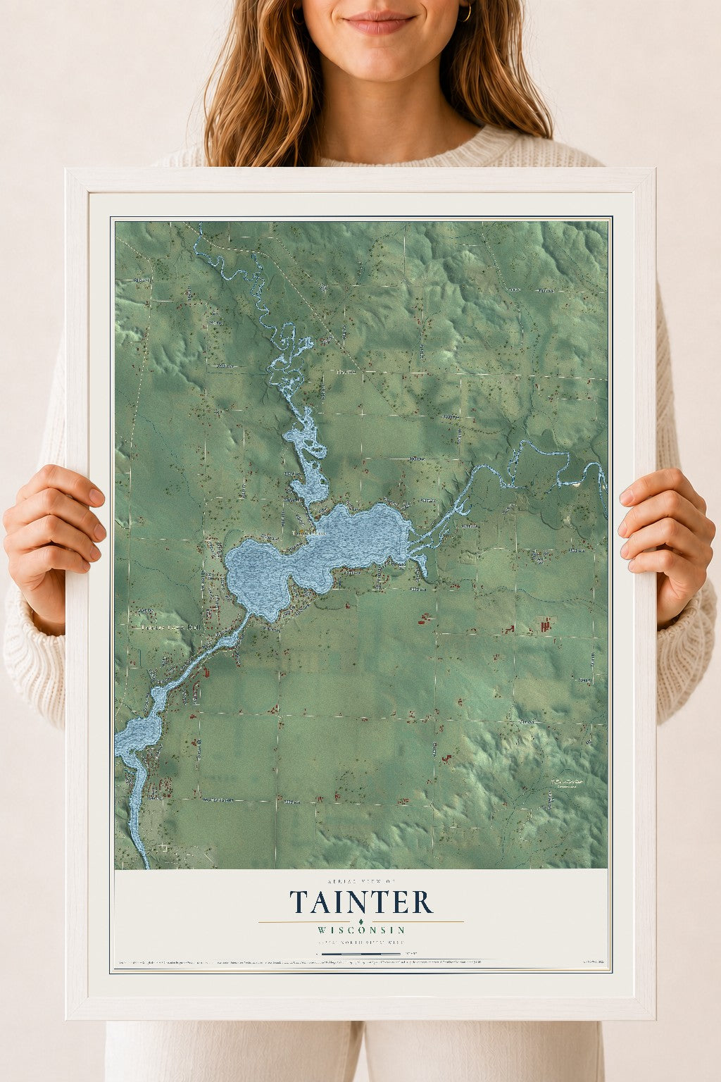 Map of Tainter, Wisconsin, 18 x 24 inch print in a white wood frame