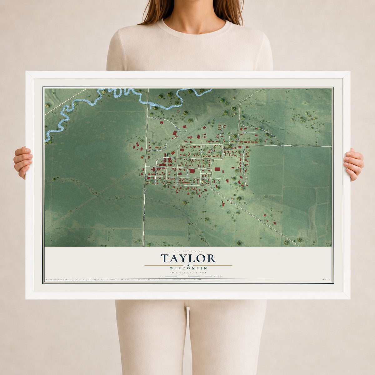Map of Taylor, Wisconsin, 24 x 36 inch print in a white wood frame