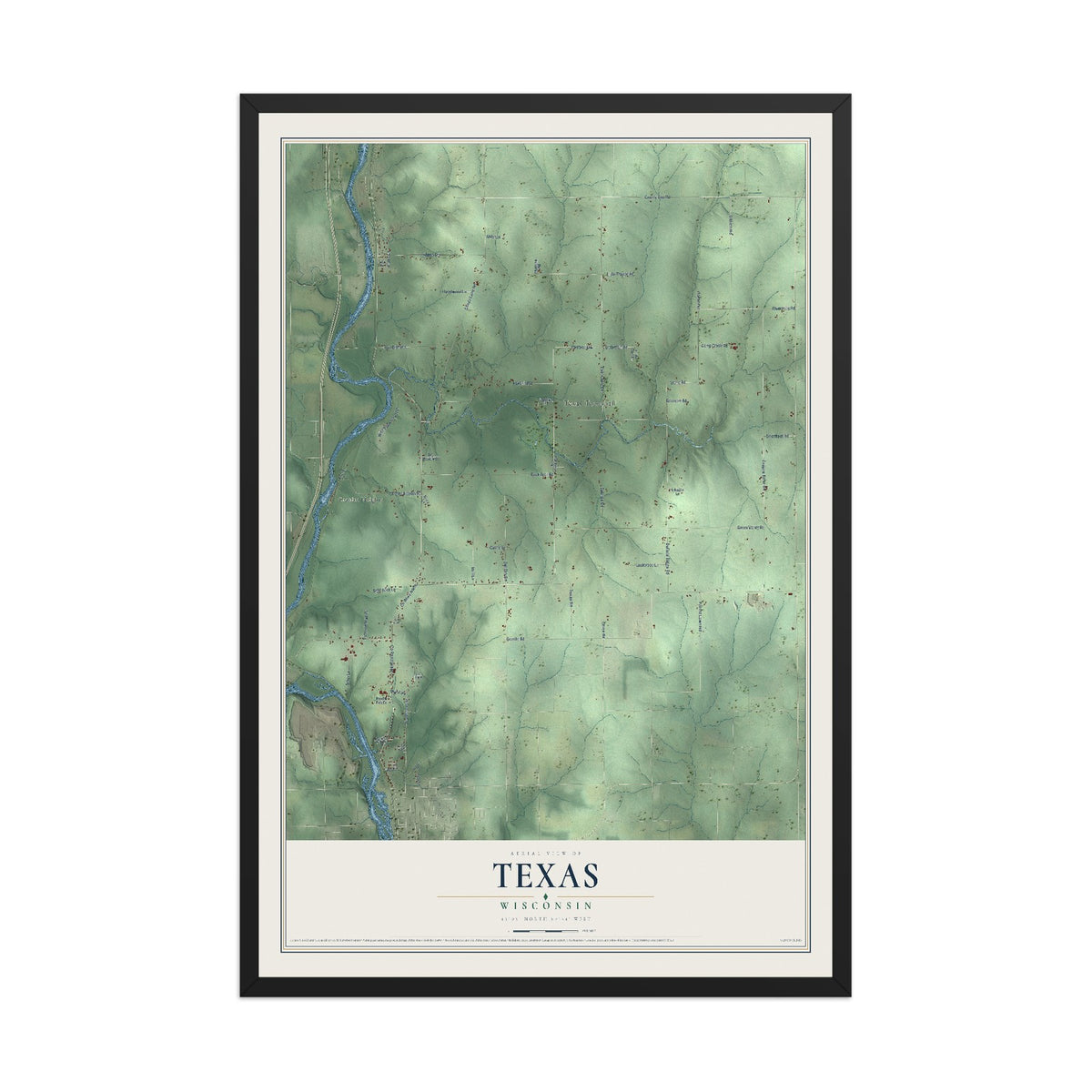 Map of Texas, Wisconsin, 12 x 18 inch print in a black wood frame