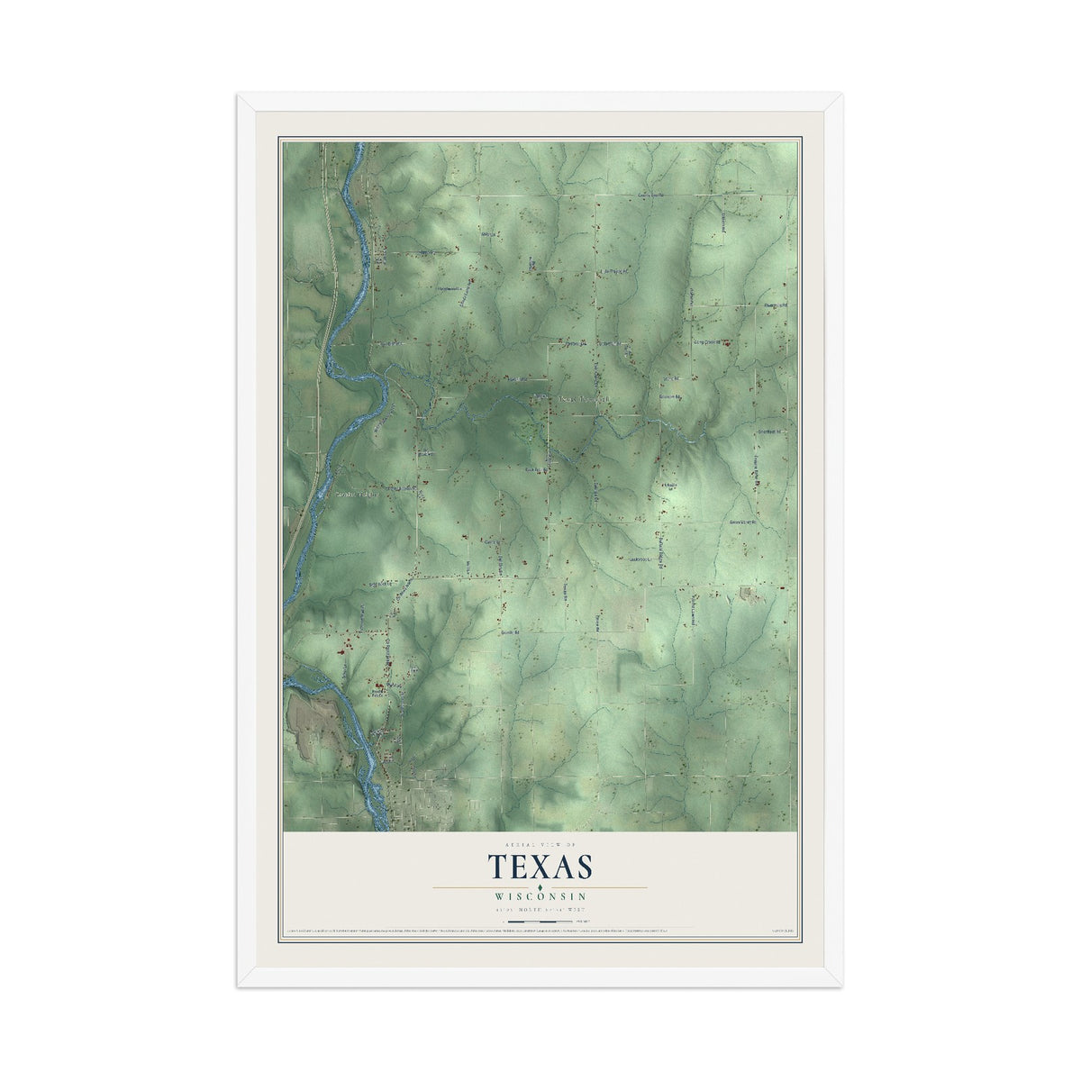 Map of Texas, Wisconsin, 12 x 18 inch print in a white wood frame