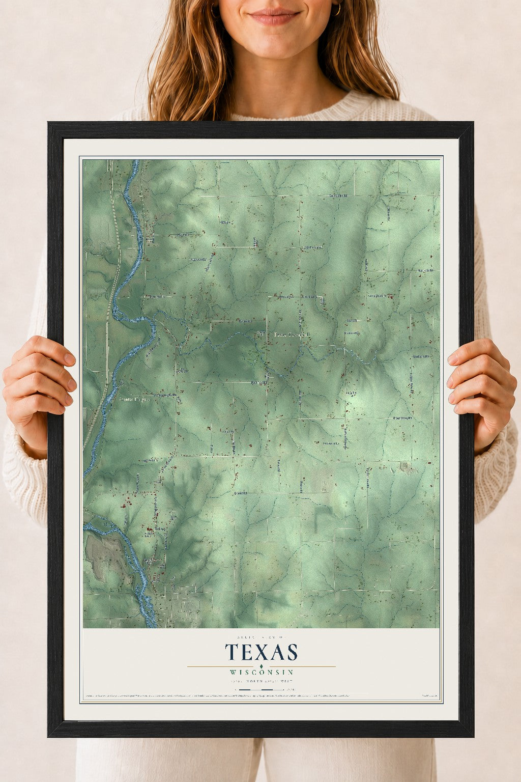 Map of Texas, Wisconsin, 18 x 24 inch print in a black wood frame