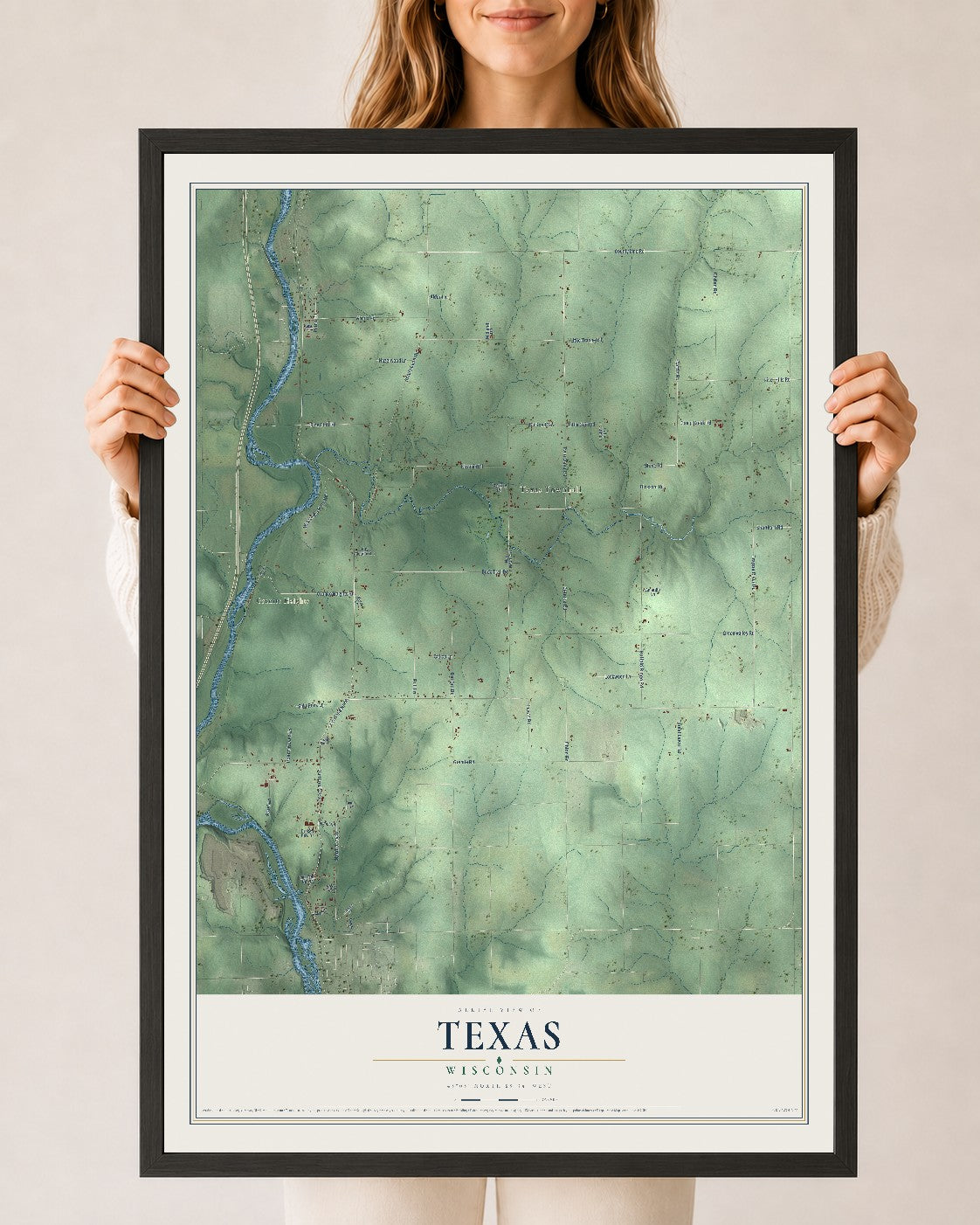 Map of Texas, Wisconsin, 24 x 36 inch print in a black wood frame