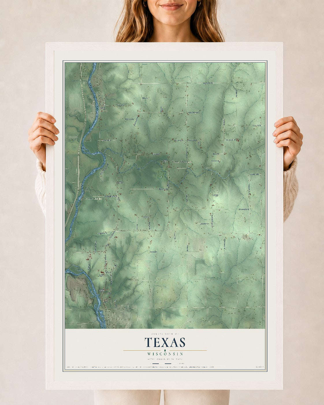 Map of Texas, Wisconsin, 24 x 36 inch print in a white wood frame