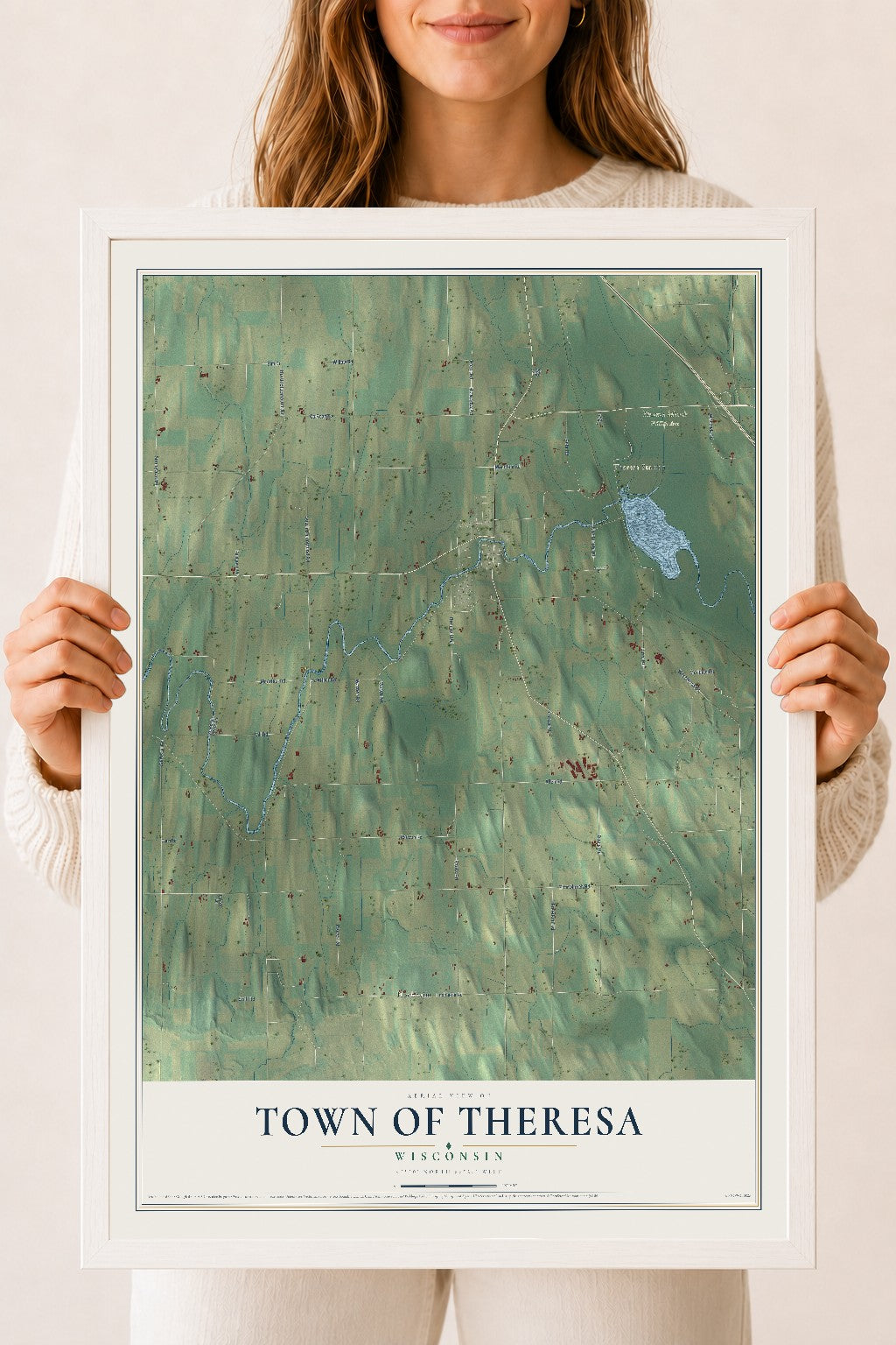 Map of the Town of Theresa, Wisconsin, 18 x 24 inch print in a white wood frame