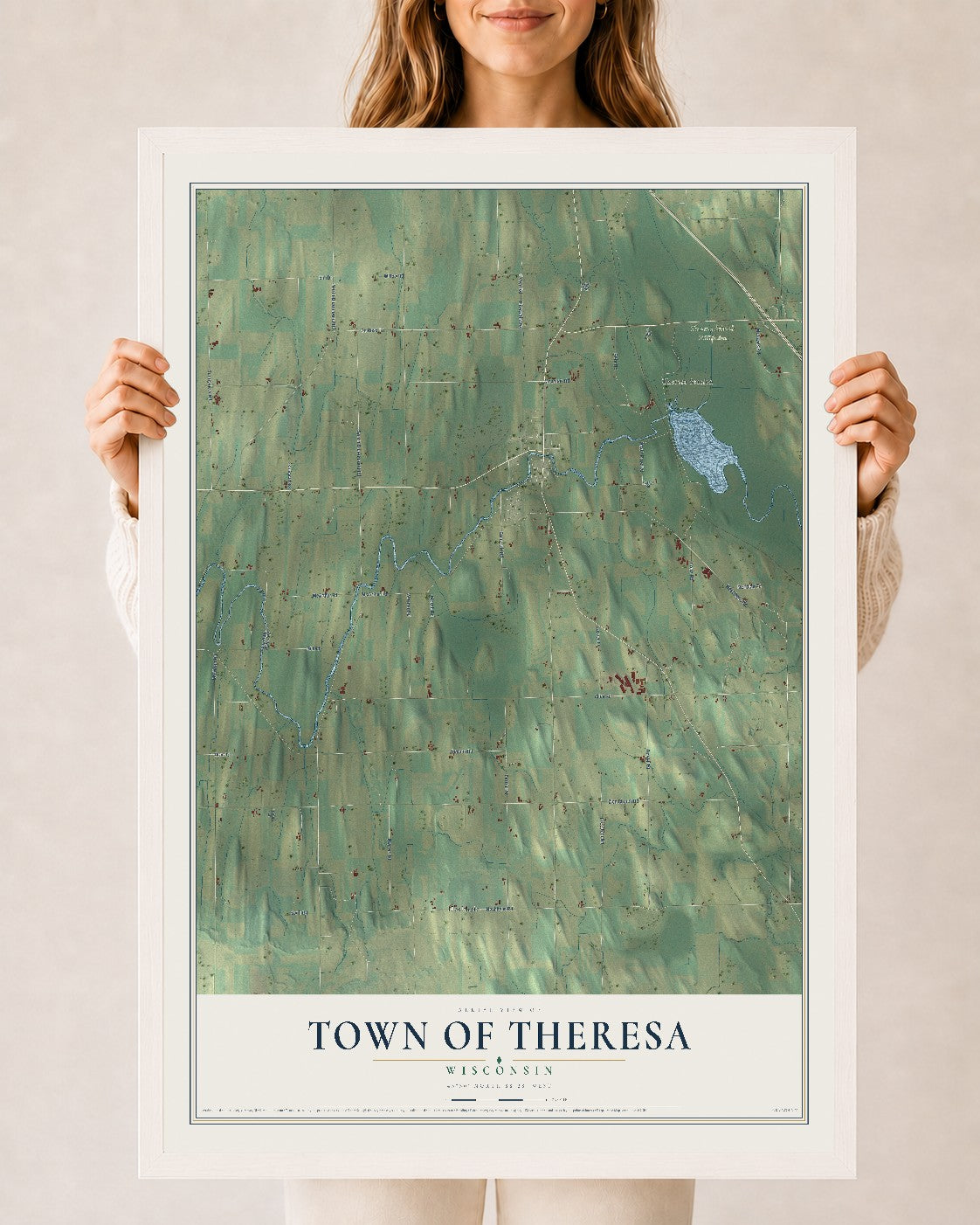 Map of the Town of Theresa, Wisconsin, 24 x 36 inch print in a white wood frame